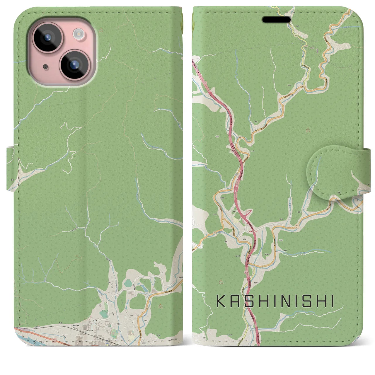 【樫西(岡山県)】地図柄iPhoneケース(手帳タイプ)ナチュラル・iPhone 15 Plus 用