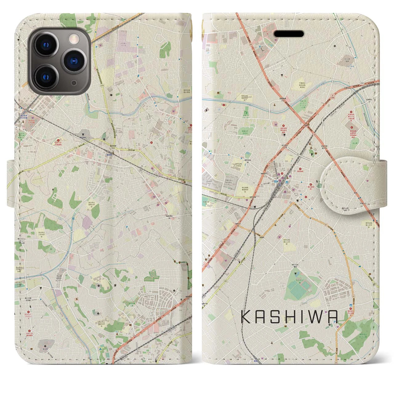 【柏(千葉県)】地図柄iPhoneケース(手帳タイプ)ナチュラル・iPhone 11 Pro Max 用