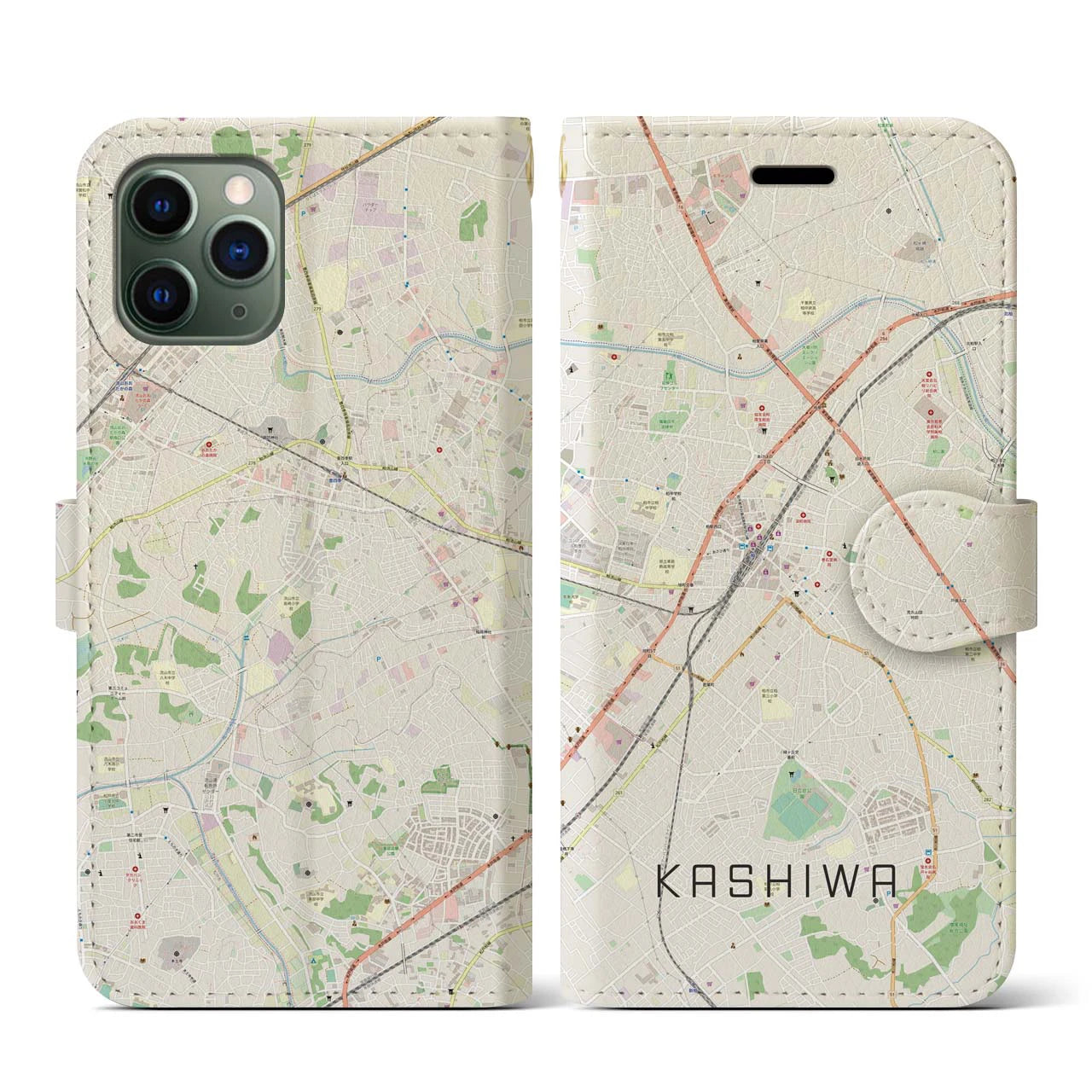 【柏(千葉県)】地図柄iPhoneケース(手帳タイプ)ナチュラル・iPhone 11 Pro 用
