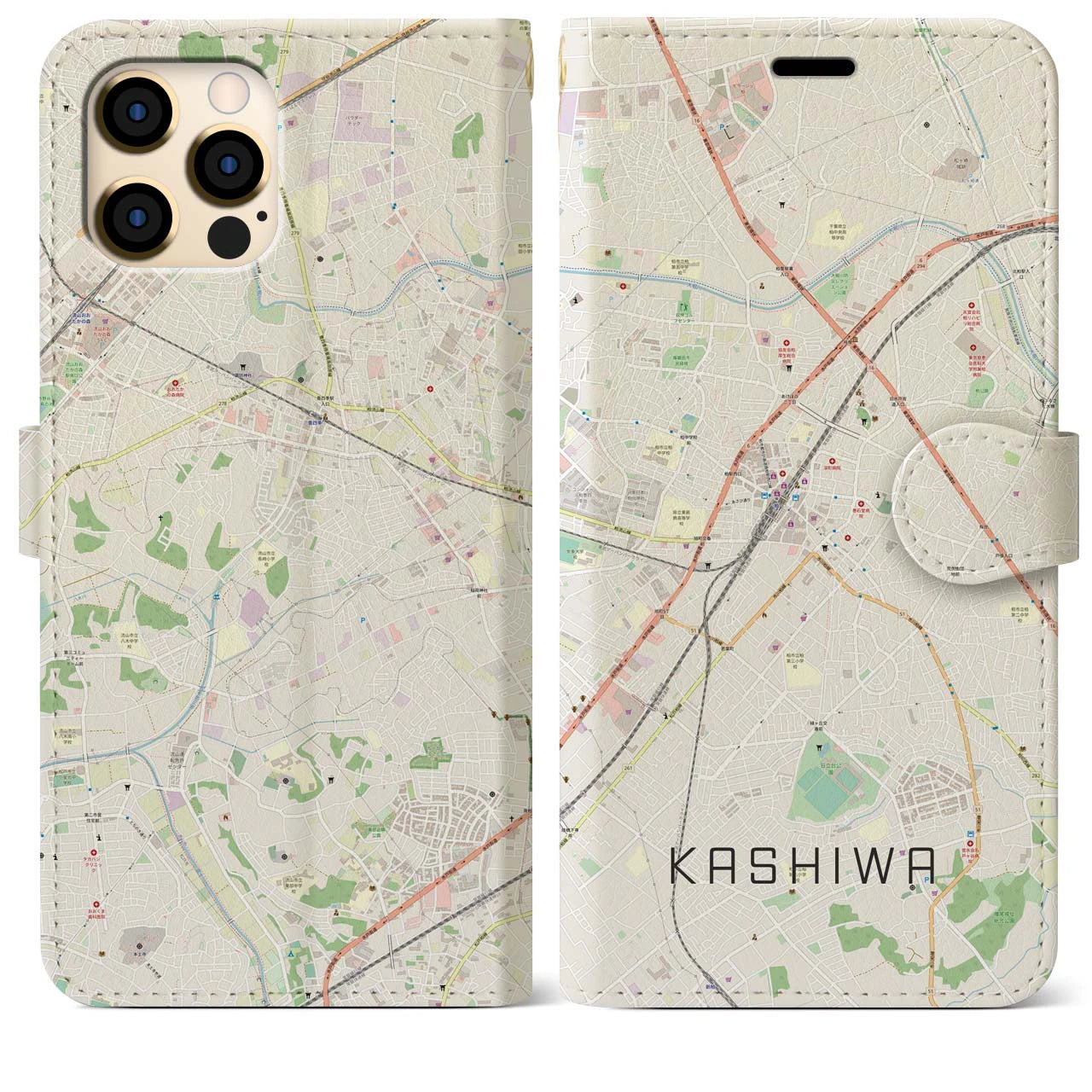 【柏(千葉県)】地図柄iPhoneケース(手帳タイプ)ナチュラル・iPhone 12 Pro Max 用
