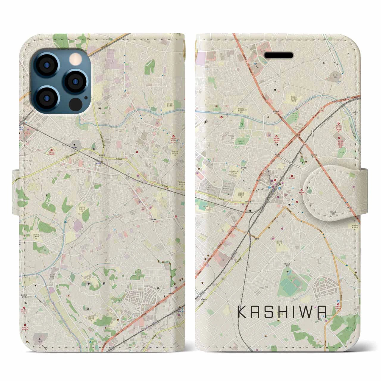 【柏(千葉県)】地図柄iPhoneケース(手帳タイプ)ナチュラル・iPhone 12 / 12 Pro 用