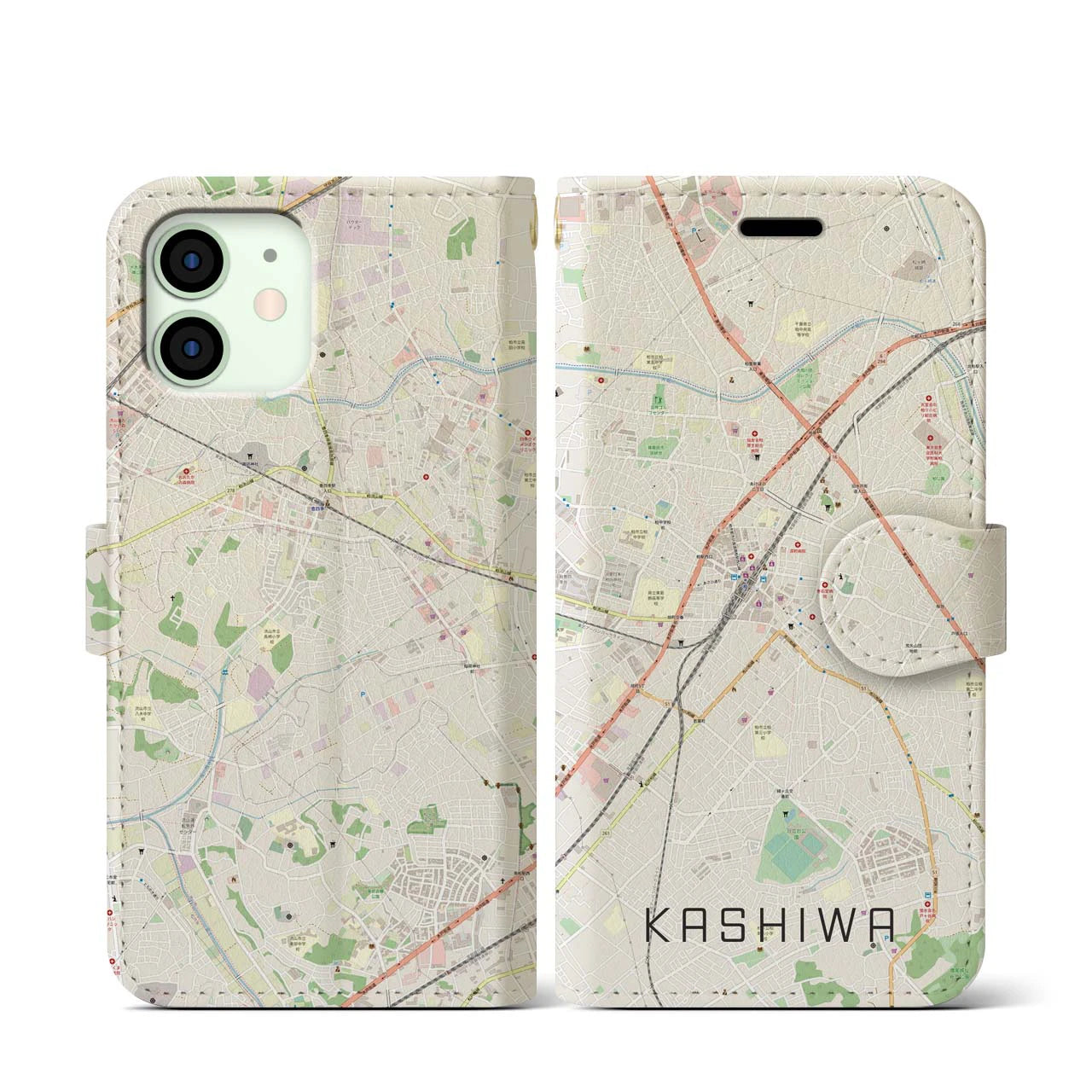 【柏(千葉県)】地図柄iPhoneケース(手帳タイプ)ナチュラル・iPhone 12 mini 用