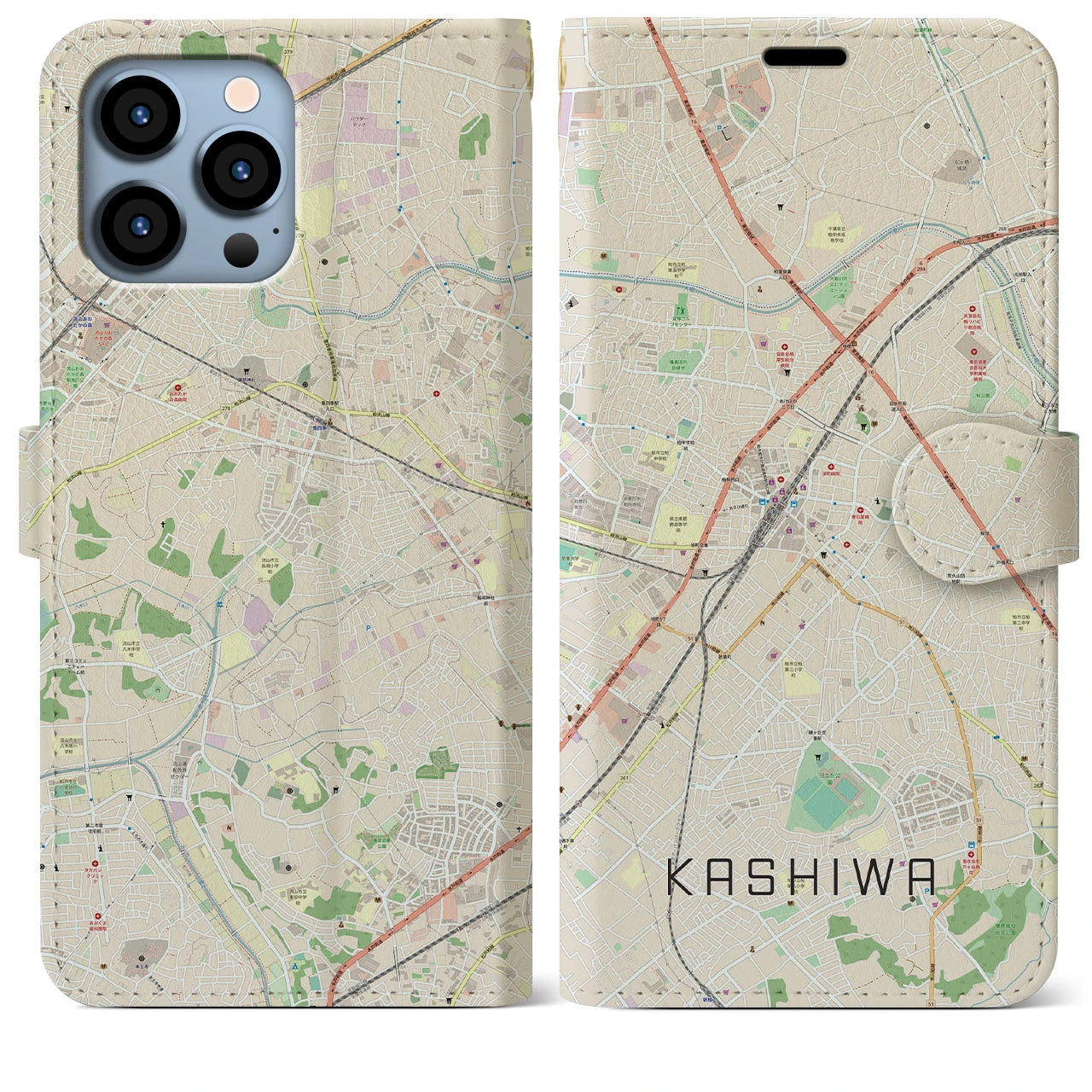 【柏(千葉県)】地図柄iPhoneケース(手帳タイプ)ナチュラル・iPhone 13 Pro Max 用