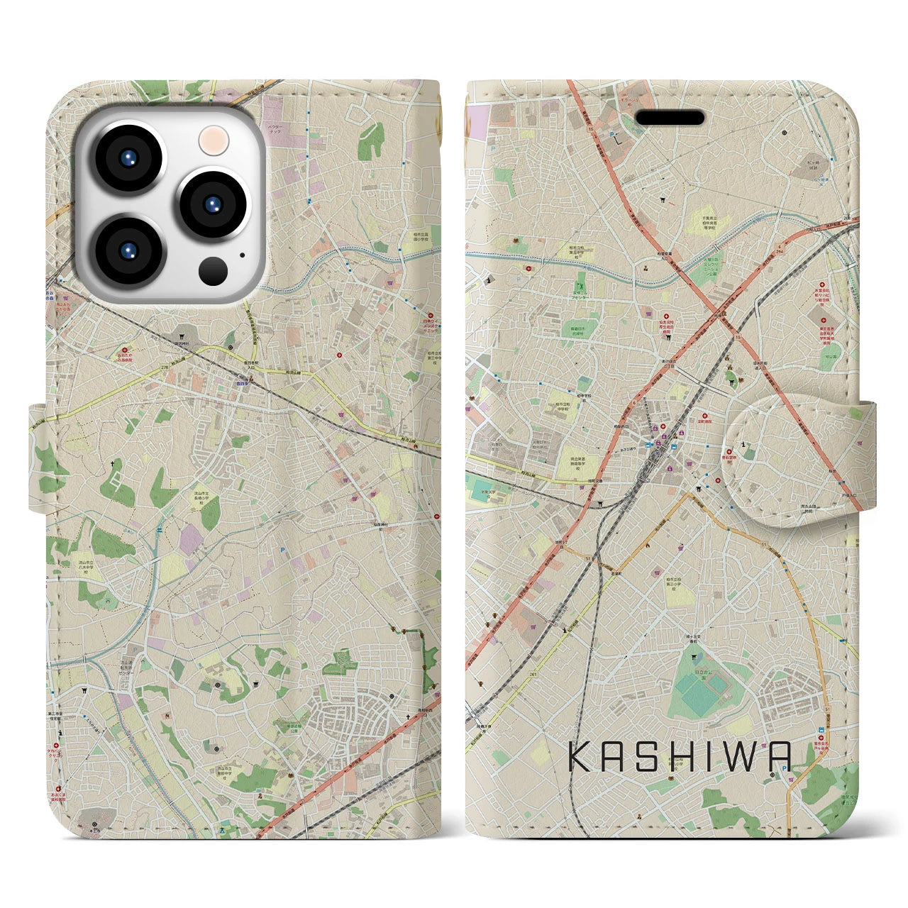 【柏(千葉県)】地図柄iPhoneケース(手帳タイプ)ナチュラル・iPhone 13 Pro 用