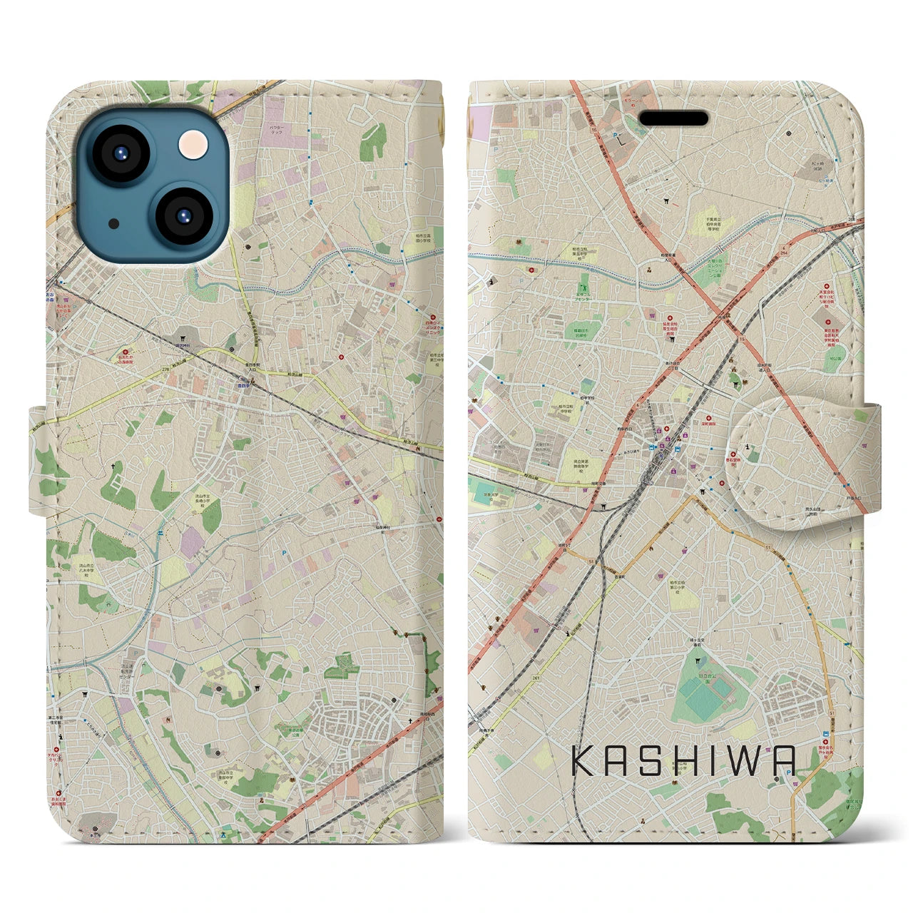 【柏(千葉県)】地図柄iPhoneケース(手帳タイプ)ナチュラル・iPhone 13 用