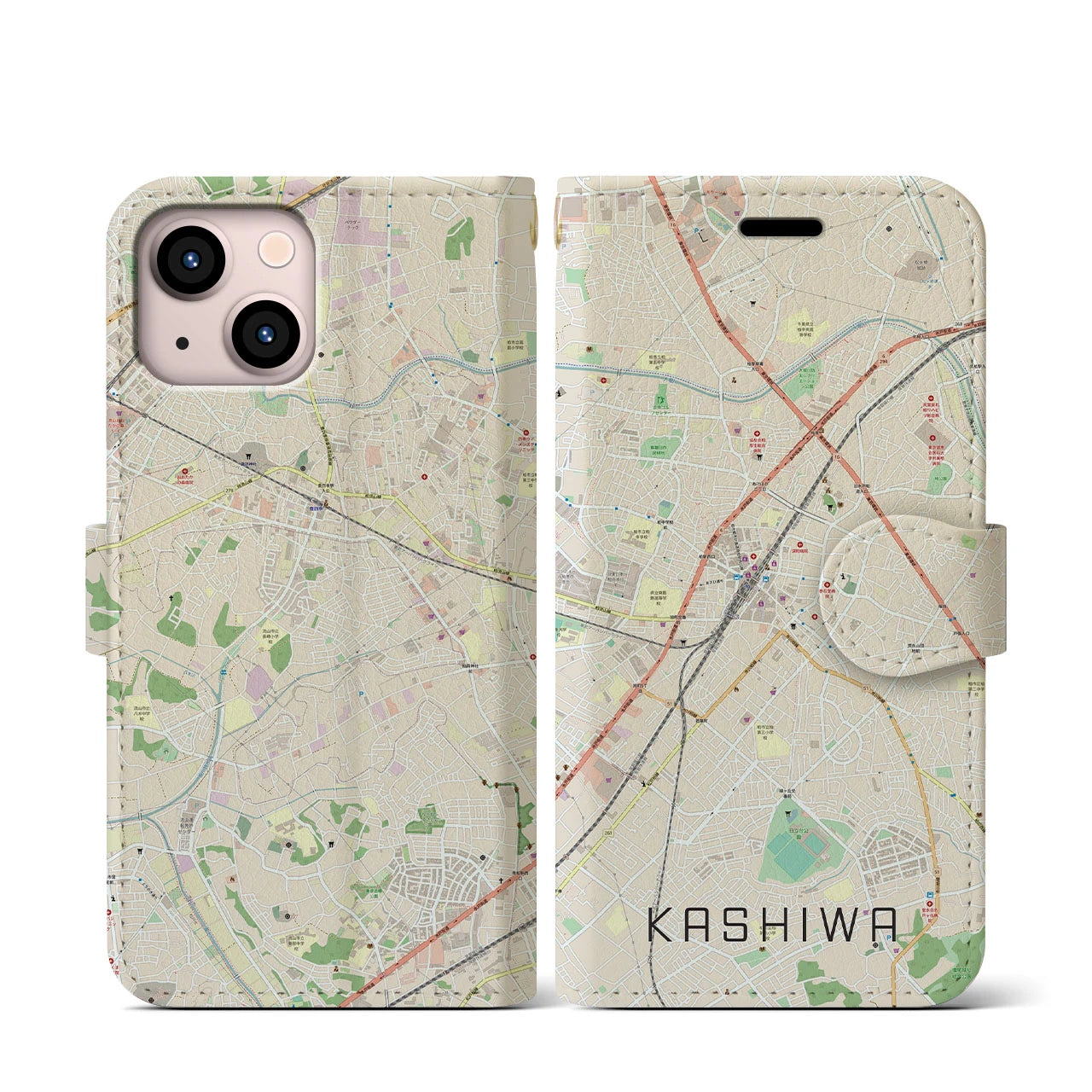 【柏(千葉県)】地図柄iPhoneケース(手帳タイプ)ナチュラル・iPhone 13 mini 用