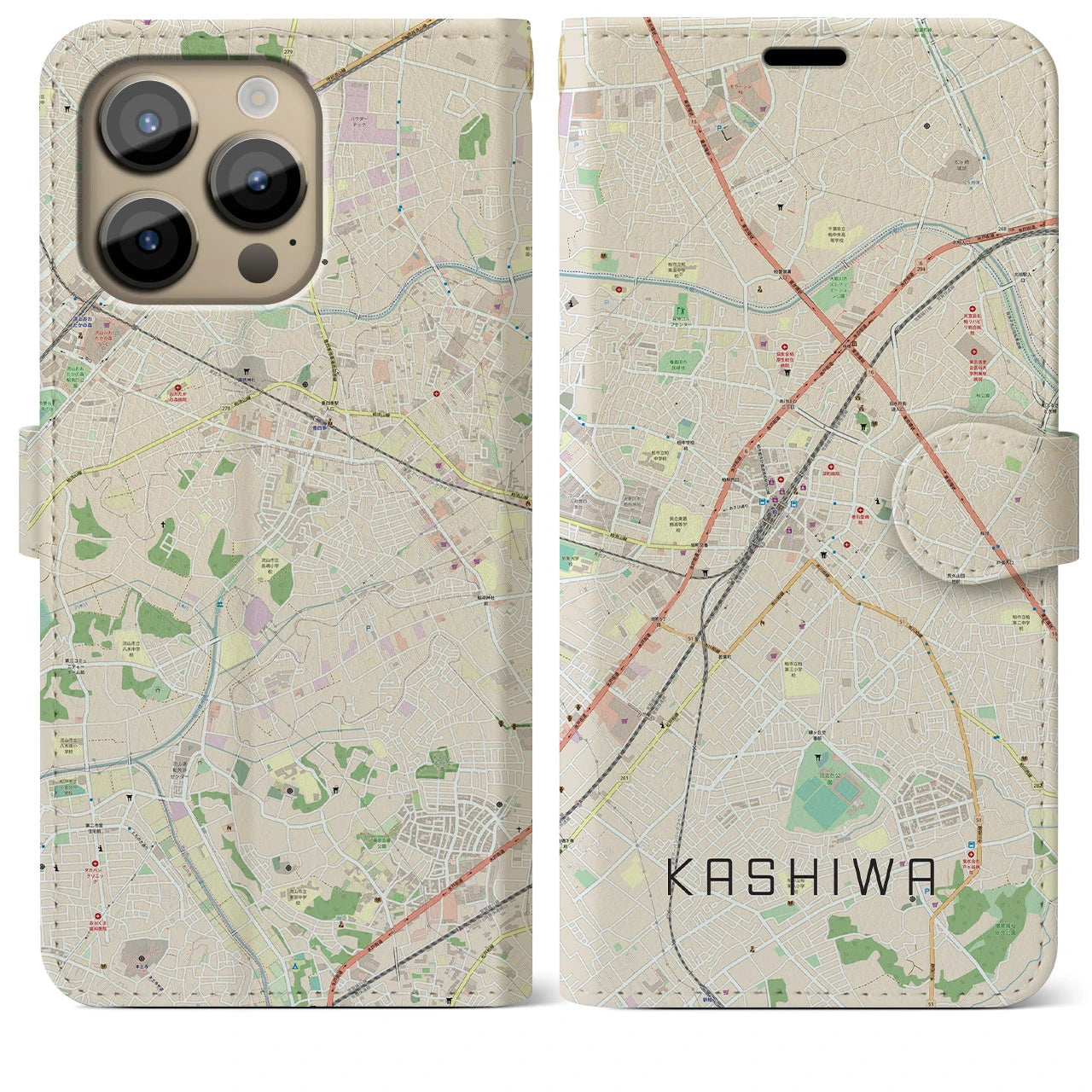 【柏(千葉県)】地図柄iPhoneケース(手帳タイプ)ナチュラル・iPhone 14 Pro Max 用