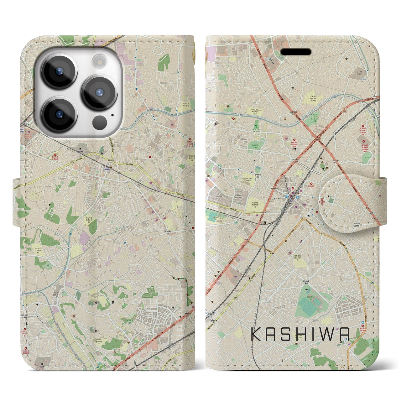 【柏(千葉県)】地図柄iPhoneケース(手帳タイプ)ナチュラル・iPhone 14 Pro 用