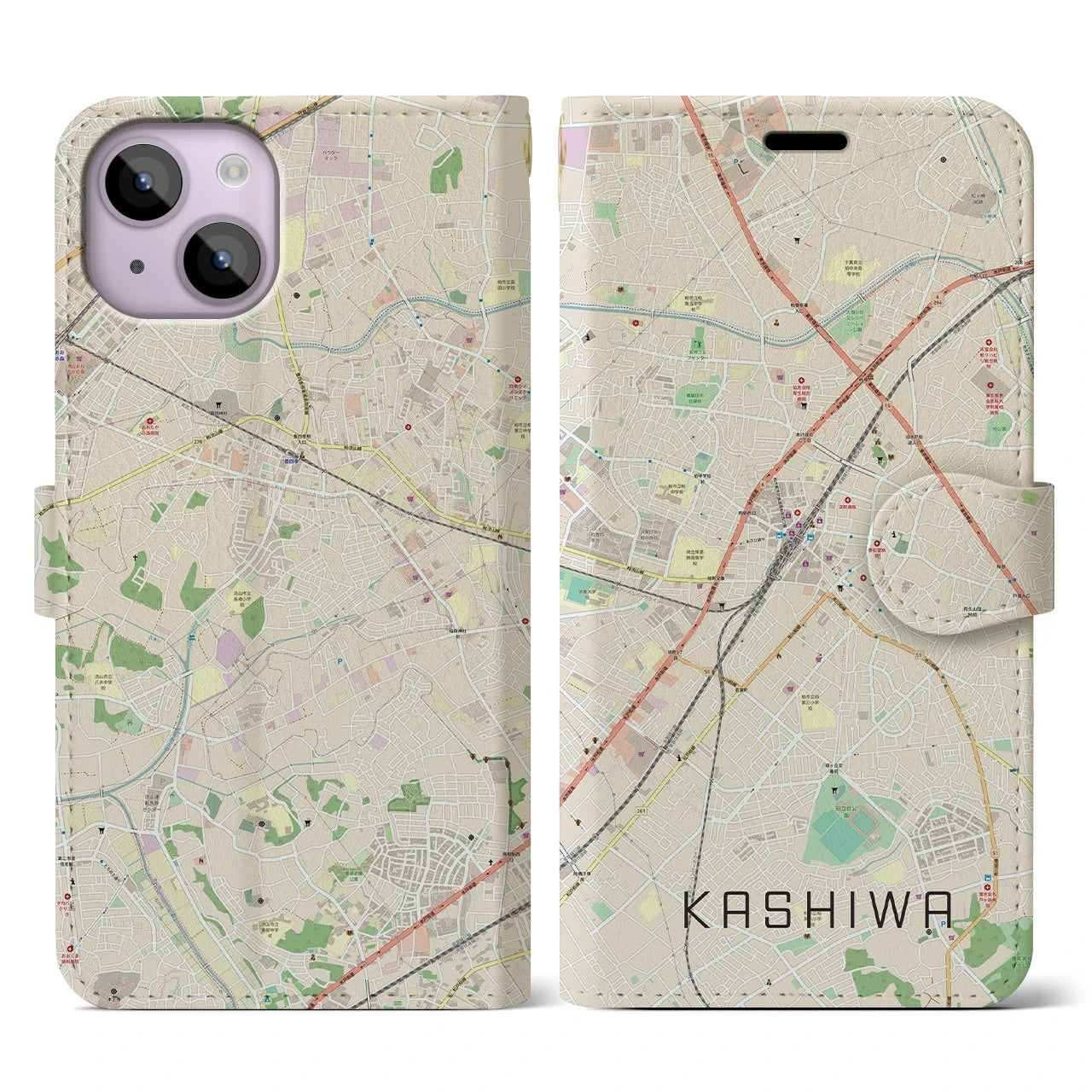 【柏(千葉県)】地図柄iPhoneケース(手帳タイプ)ナチュラル・iPhone 14 用