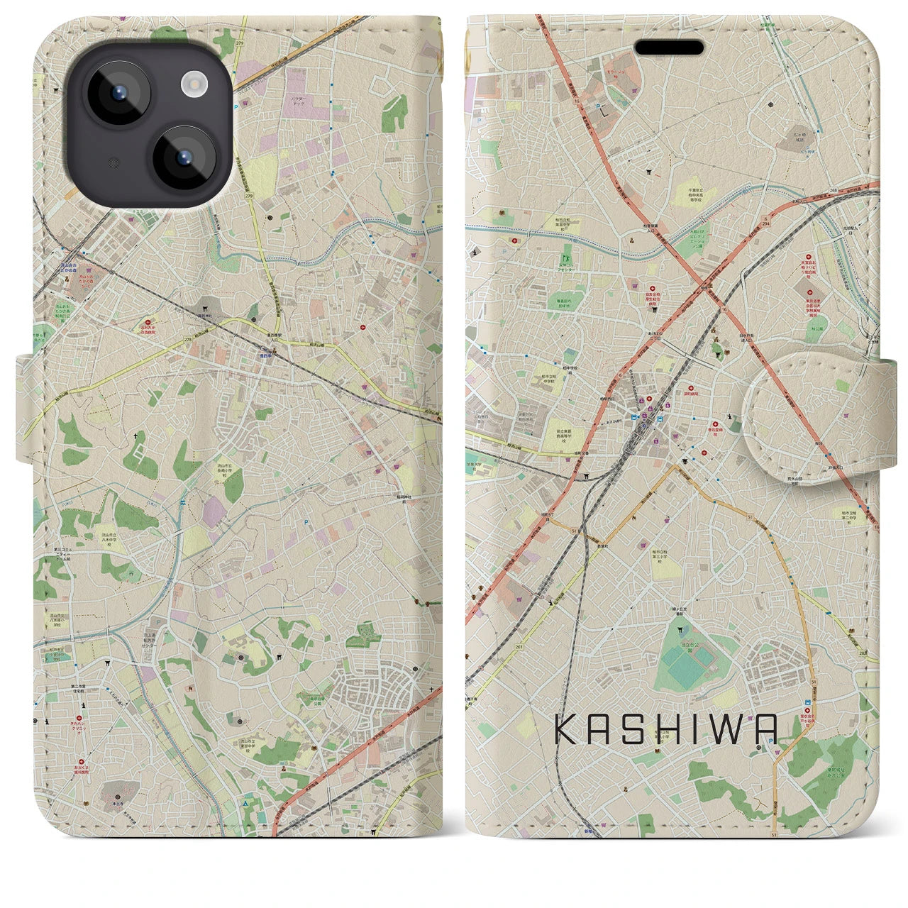 【柏(千葉県)】地図柄iPhoneケース(手帳タイプ)ナチュラル・iPhone 14 Plus 用