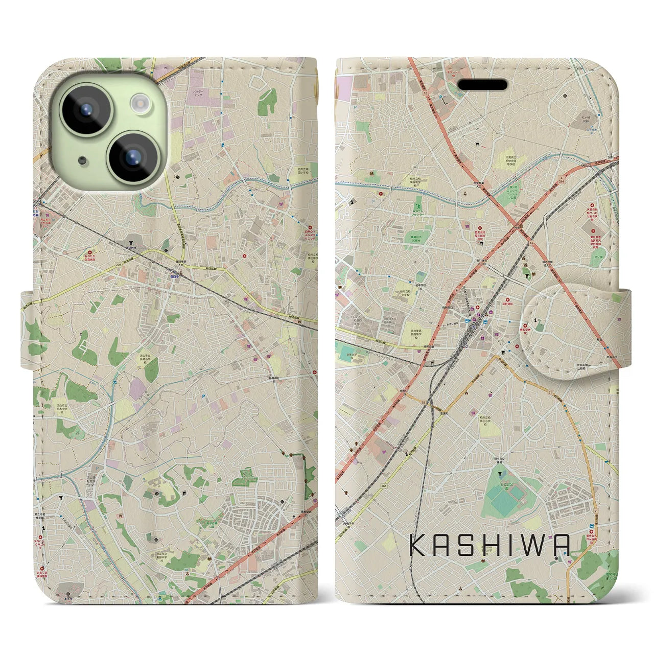 【柏(千葉県)】地図柄iPhoneケース(手帳タイプ)ナチュラル・iPhone 15 用