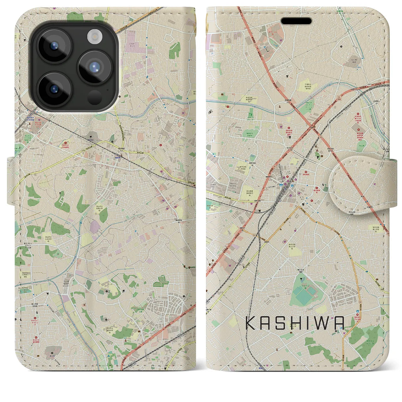 【柏(千葉県)】地図柄iPhoneケース(手帳タイプ)ナチュラル・iPhone 15 Pro Max 用