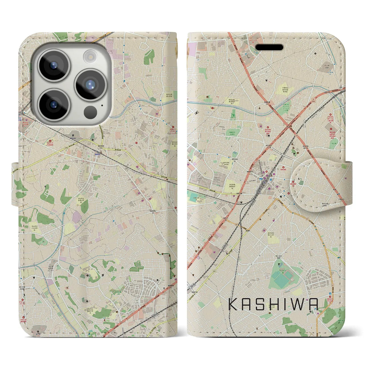 【柏(千葉県)】地図柄iPhoneケース(手帳タイプ)ナチュラル・iPhone 15 Pro 用