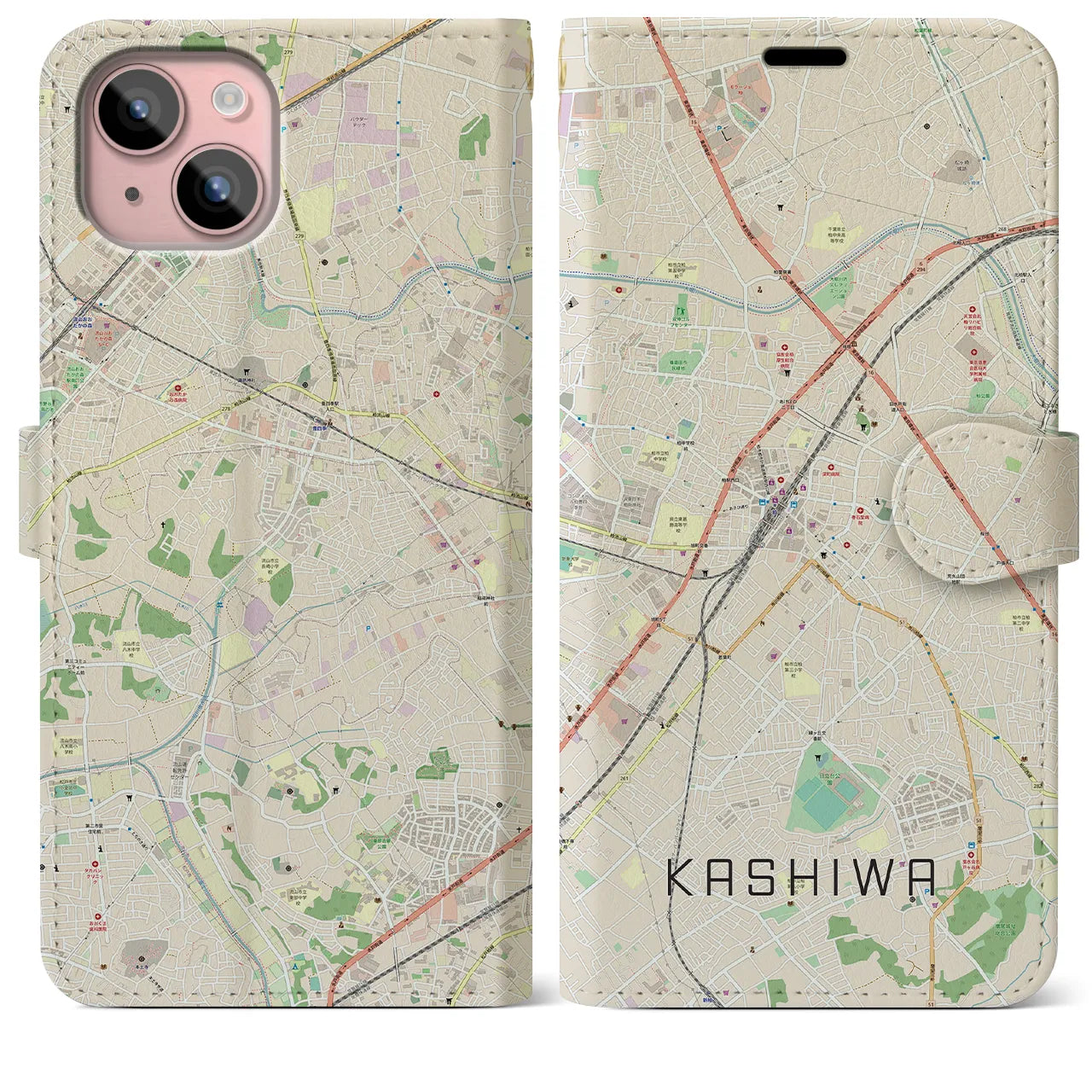 【柏(千葉県)】地図柄iPhoneケース(手帳タイプ)ナチュラル・iPhone 15 Plus 用