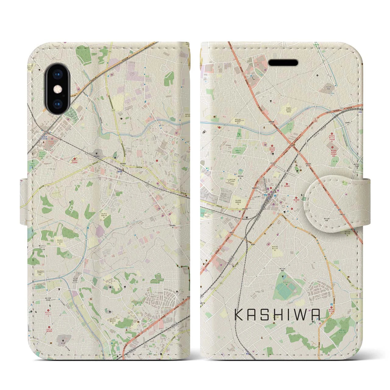 【柏(千葉県)】地図柄iPhoneケース(手帳タイプ)ナチュラル・iPhone XS / X 用