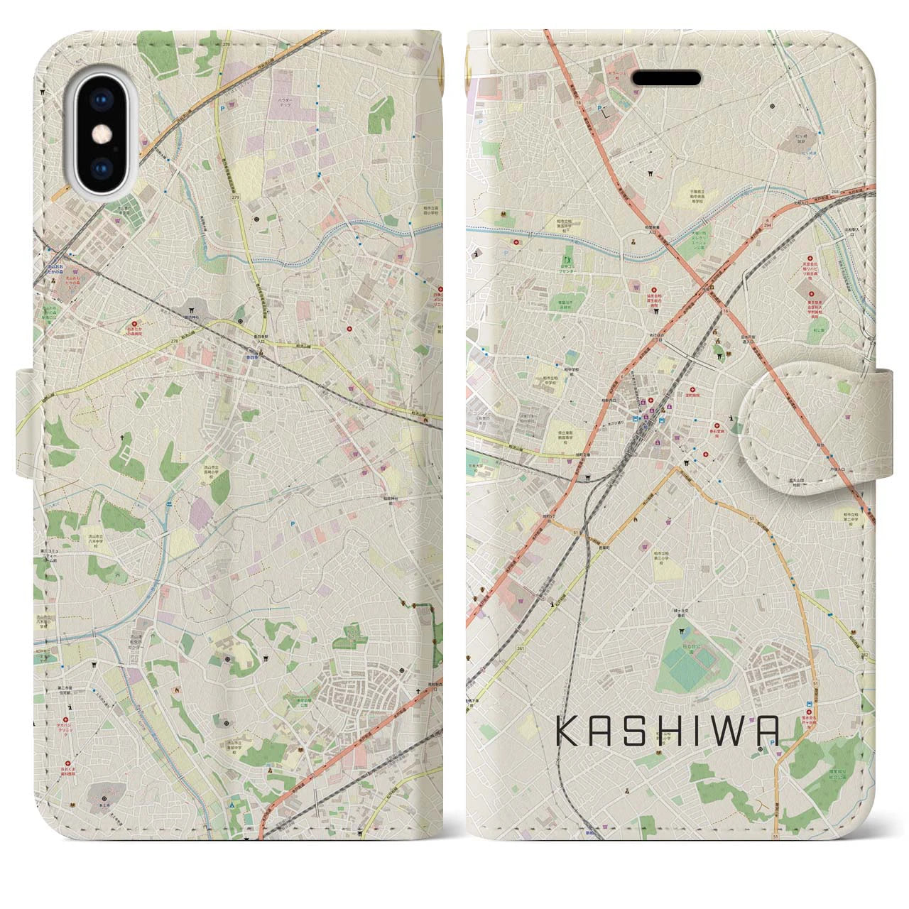 【柏(千葉県)】地図柄iPhoneケース(手帳タイプ)ナチュラル・iPhone XS Max 用