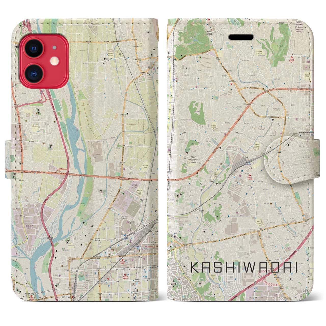 【かしわ台(神奈川県)】地図柄iPhoneケース(手帳タイプ)ナチュラル・iPhone 11 用