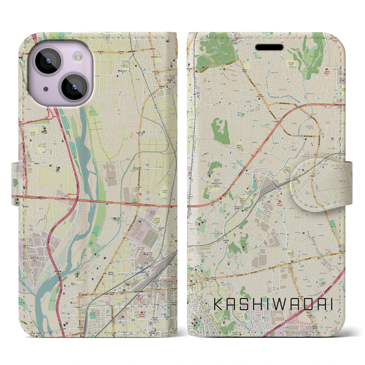 【かしわ台(神奈川県)】地図柄iPhoneケース(手帳タイプ)ナチュラル・iPhone 14 用