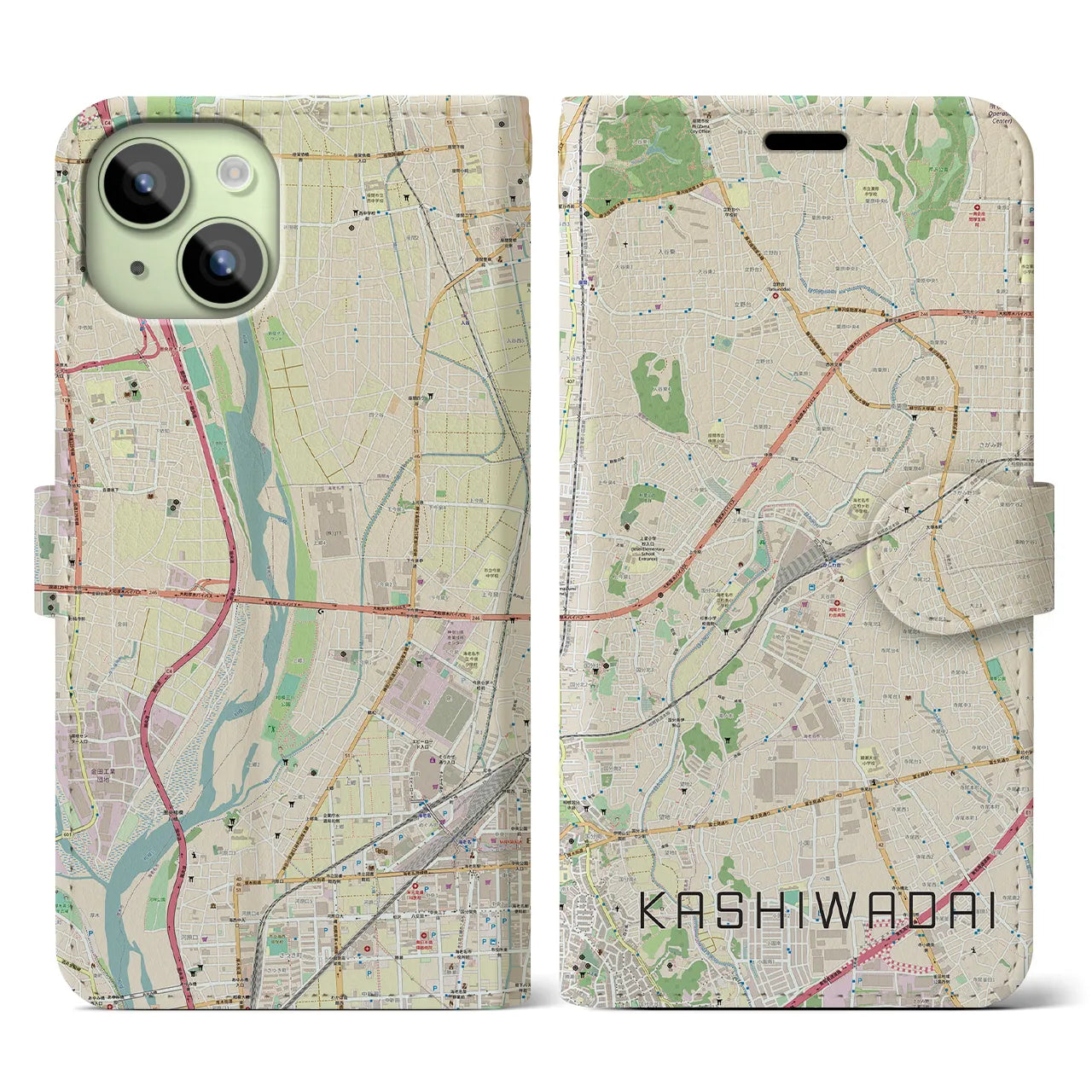 【かしわ台(神奈川県)】地図柄iPhoneケース(手帳タイプ)ナチュラル・iPhone 15 用
