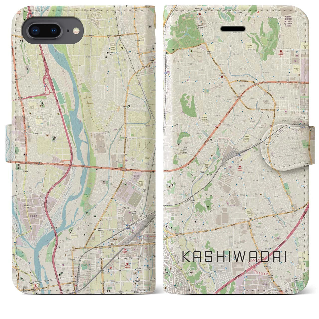 【かしわ台(神奈川県)】地図柄iPhoneケース(手帳タイプ)ナチュラル・iPhone 8Plus /7Plus / 6sPlus / 6Plus 用