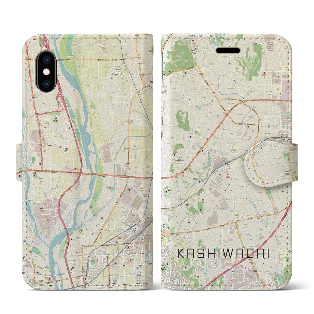 【かしわ台(神奈川県)】地図柄iPhoneケース(手帳タイプ)ナチュラル・iPhone XS / X 用