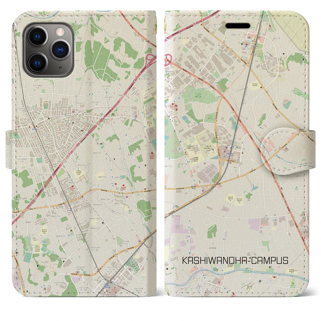【柏の葉キャンパス(千葉県)】地図柄iPhoneケース(手帳タイプ)ナチュラル・iPhone 11 Pro Max 用