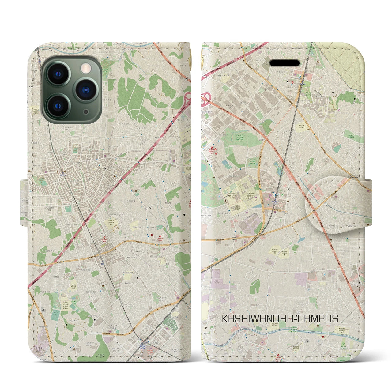 【柏の葉キャンパス(千葉県)】地図柄iPhoneケース(手帳タイプ)ナチュラル・iPhone 11 Pro 用