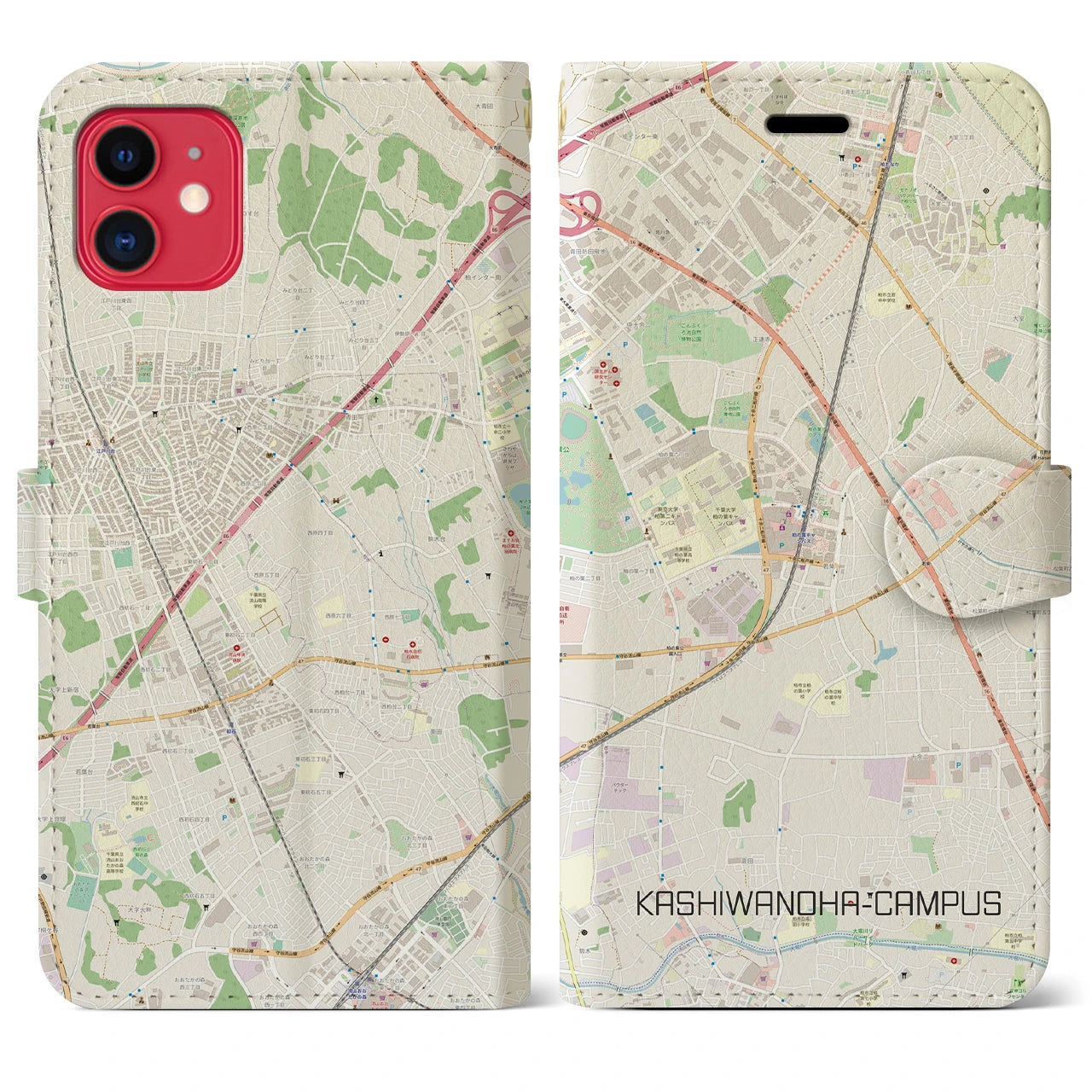 【柏の葉キャンパス(千葉県)】地図柄iPhoneケース(手帳タイプ)ナチュラル・iPhone 11 用