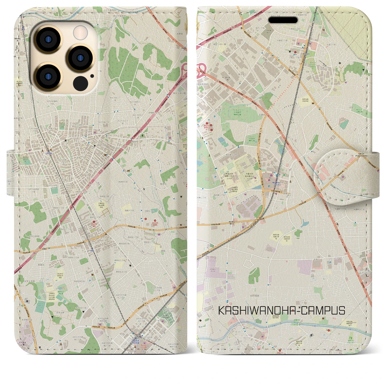 【柏の葉キャンパス(千葉県)】地図柄iPhoneケース(手帳タイプ)ナチュラル・iPhone 12 Pro Max 用