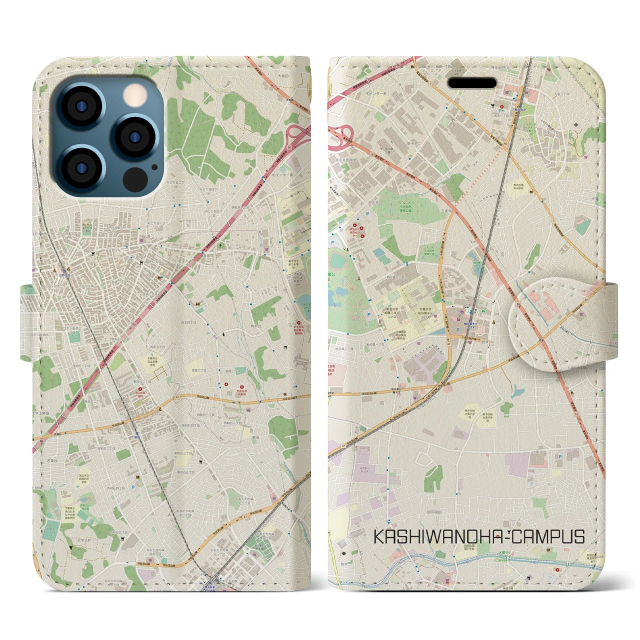 【柏の葉キャンパス(千葉県)】地図柄iPhoneケース(手帳タイプ)ナチュラル・iPhone 12 / 12 Pro 用
