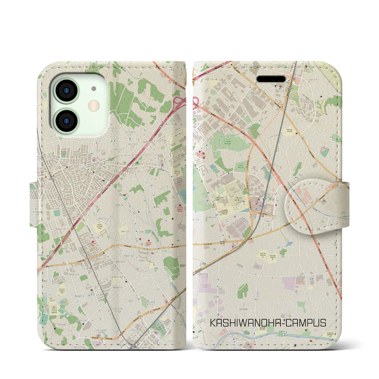 【柏の葉キャンパス(千葉県)】地図柄iPhoneケース(手帳タイプ)ナチュラル・iPhone 12 mini 用