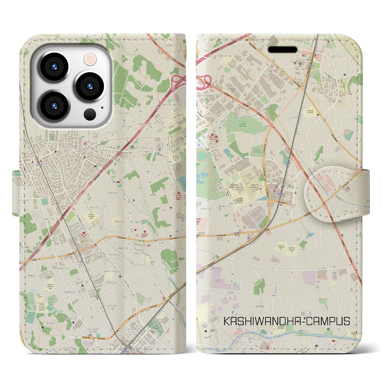 【柏の葉キャンパス(千葉県)】地図柄iPhoneケース(手帳タイプ)ナチュラル・iPhone 13 Pro 用