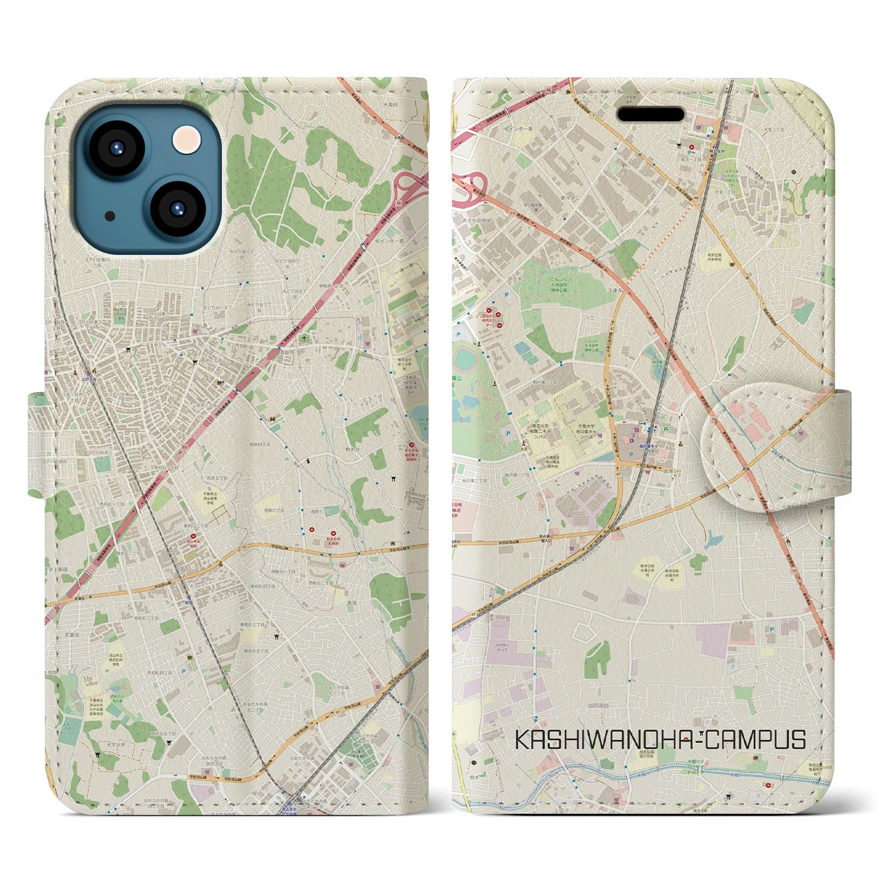 【柏の葉キャンパス(千葉県)】地図柄iPhoneケース(手帳タイプ)ナチュラル・iPhone 13 用