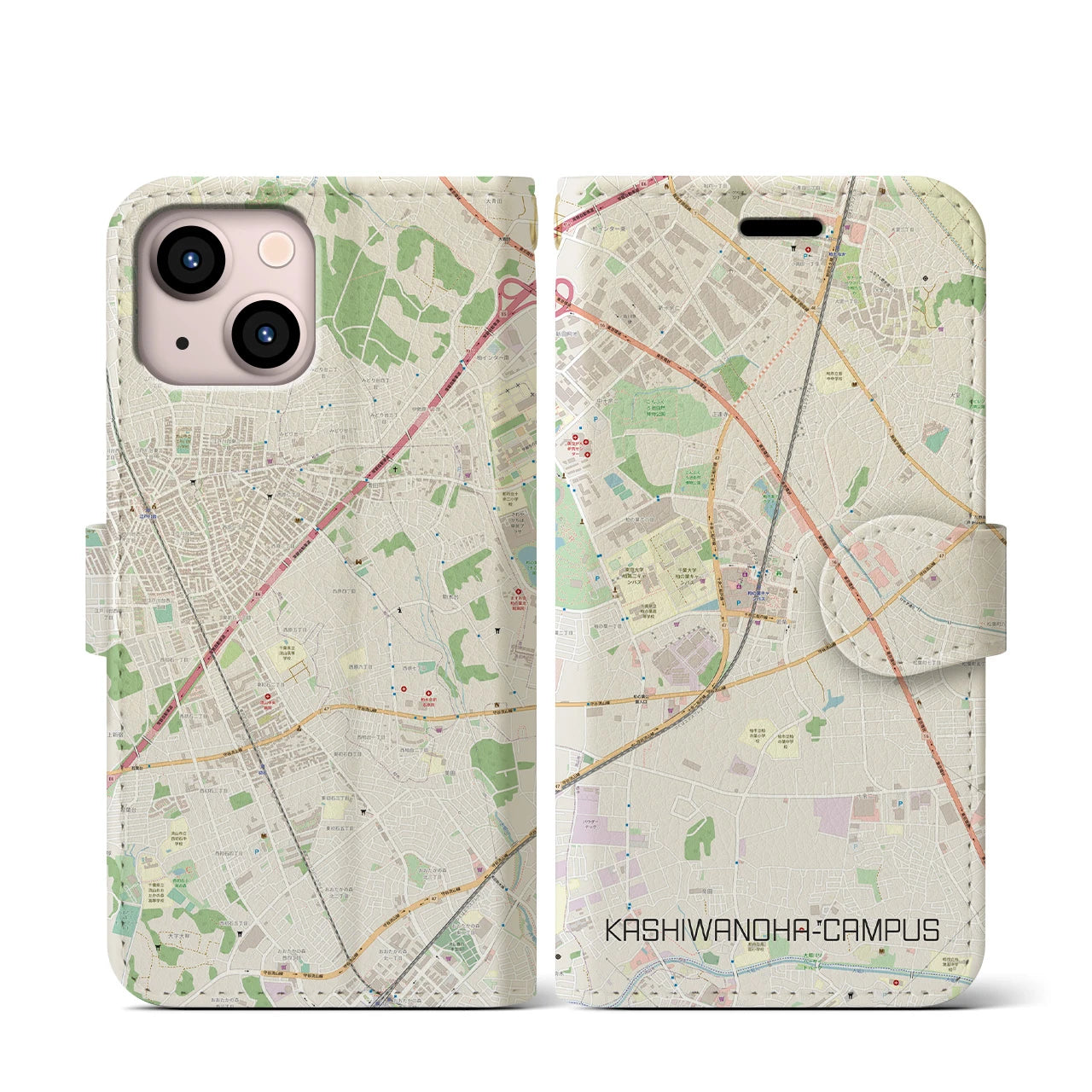 【柏の葉キャンパス(千葉県)】地図柄iPhoneケース(手帳タイプ)ナチュラル・iPhone 13 mini 用