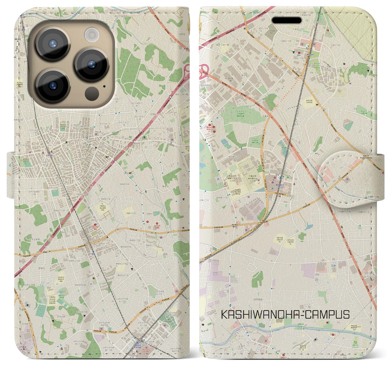 【柏の葉キャンパス(千葉県)】地図柄iPhoneケース(手帳タイプ)ナチュラル・iPhone 14 Pro Max 用