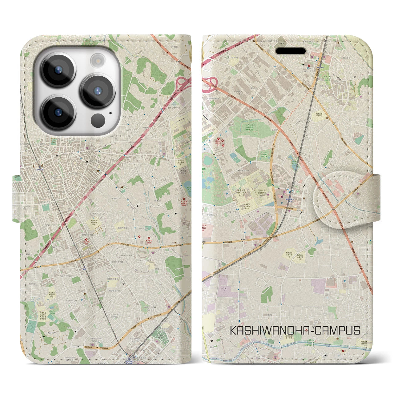 【柏の葉キャンパス(千葉県)】地図柄iPhoneケース(手帳タイプ)ナチュラル・iPhone 14 Pro 用