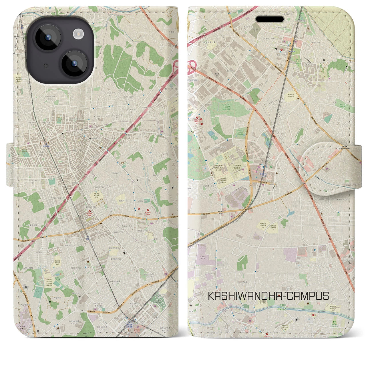【柏の葉キャンパス(千葉県)】地図柄iPhoneケース(手帳タイプ)ナチュラル・iPhone 14 Plus 用