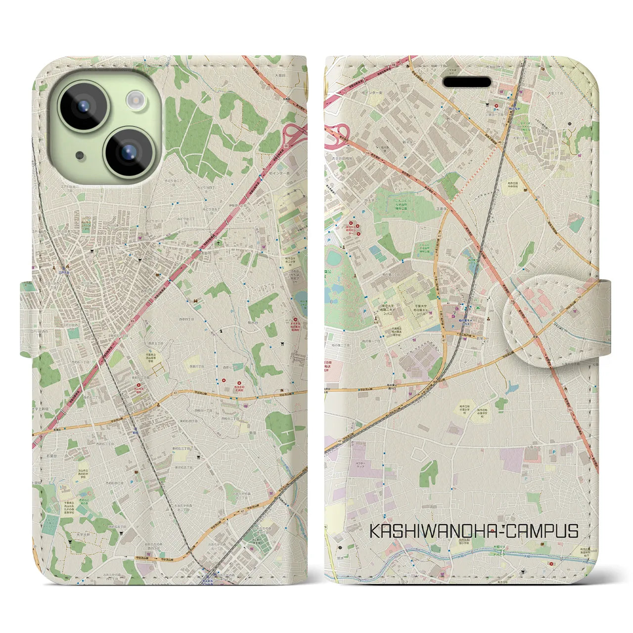【柏の葉キャンパス(千葉県)】地図柄iPhoneケース(手帳タイプ)ナチュラル・iPhone 15 用