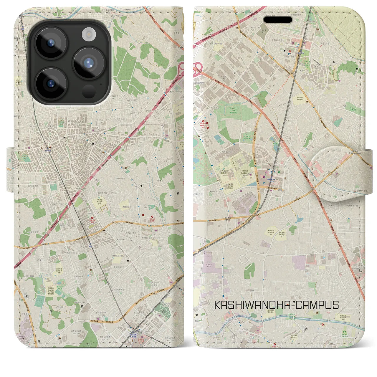 【柏の葉キャンパス(千葉県)】地図柄iPhoneケース(手帳タイプ)ナチュラル・iPhone 15 Pro Max 用