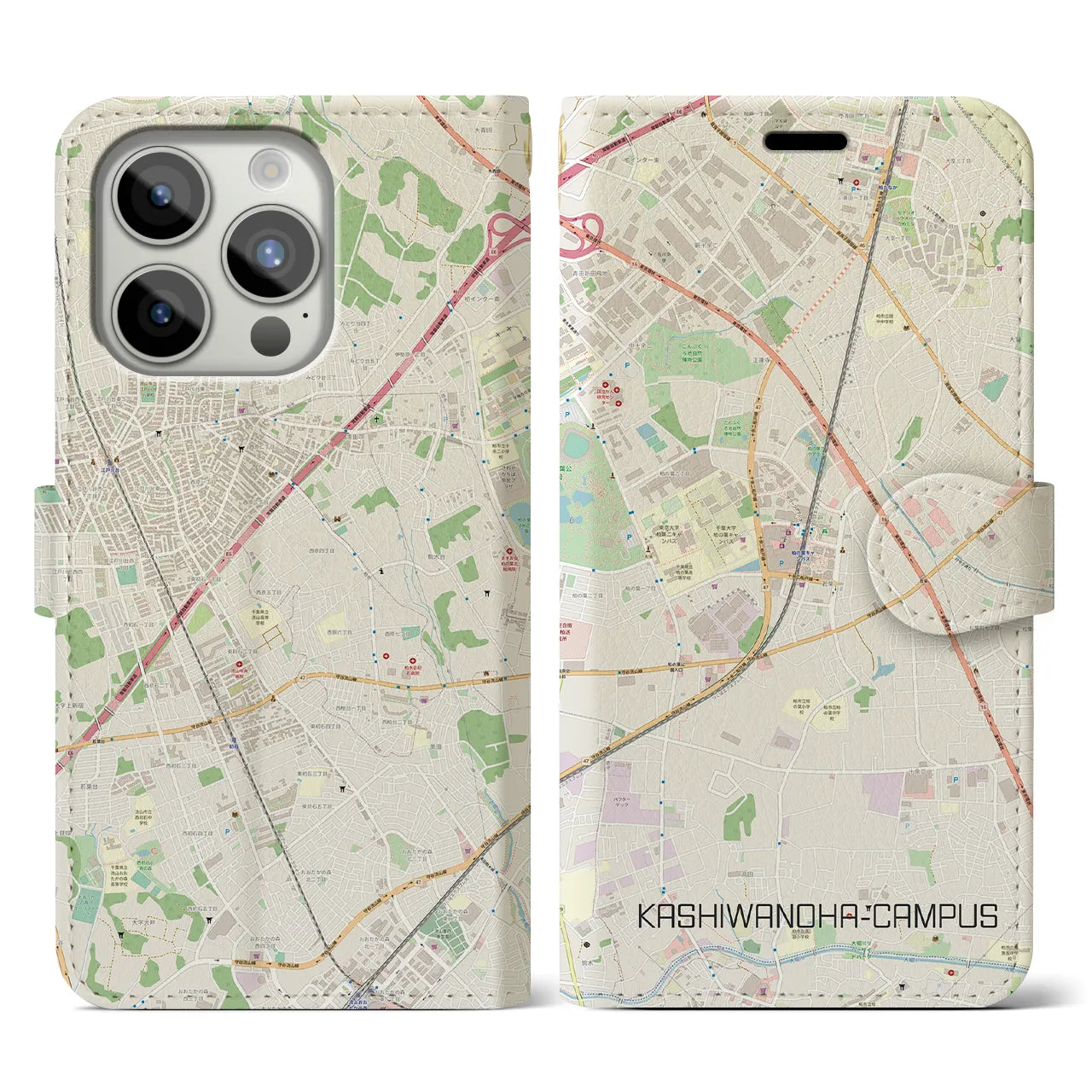 【柏の葉キャンパス(千葉県)】地図柄iPhoneケース(手帳タイプ)ナチュラル・iPhone 15 Pro 用