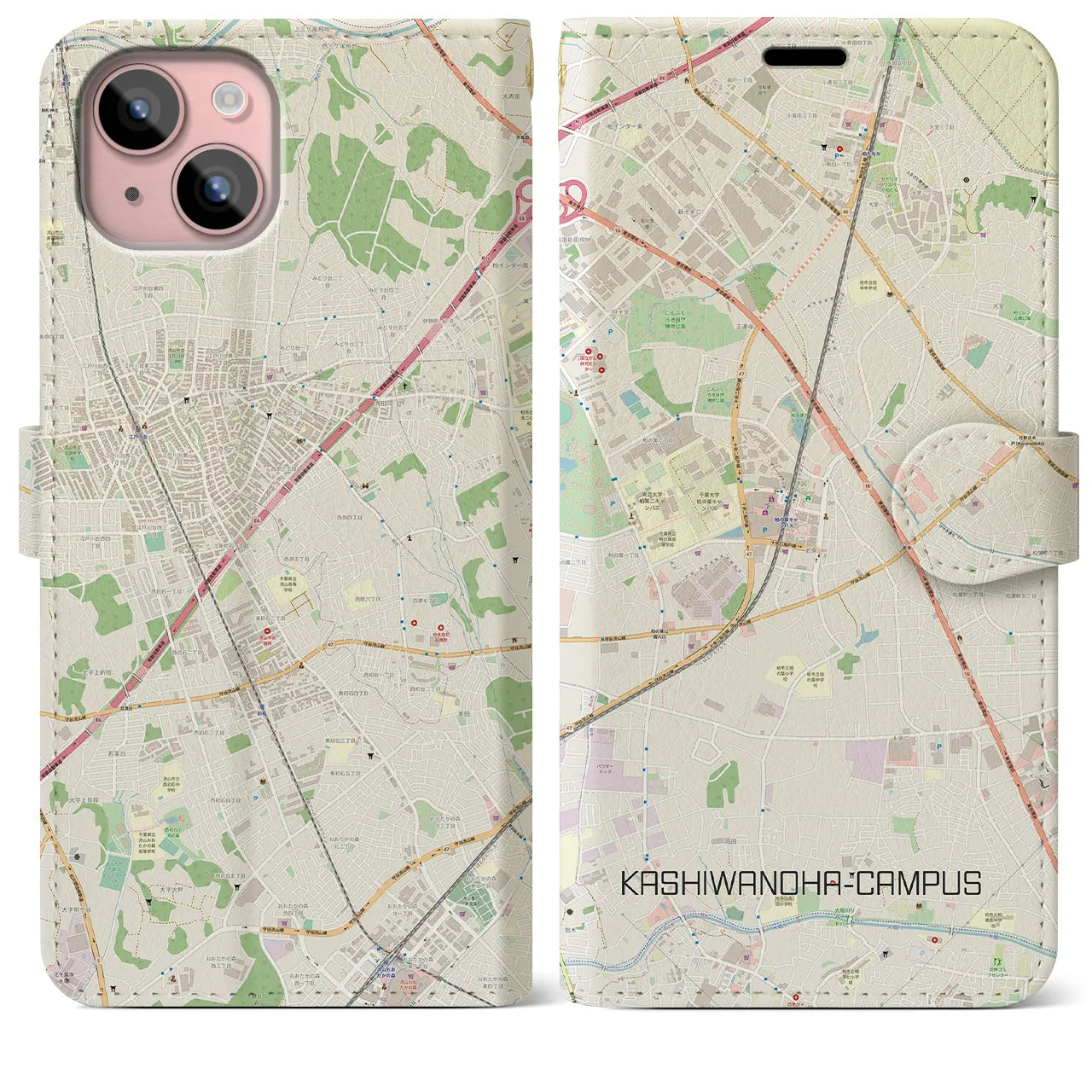 【柏の葉キャンパス(千葉県)】地図柄iPhoneケース(手帳タイプ)ナチュラル・iPhone 15 Plus 用