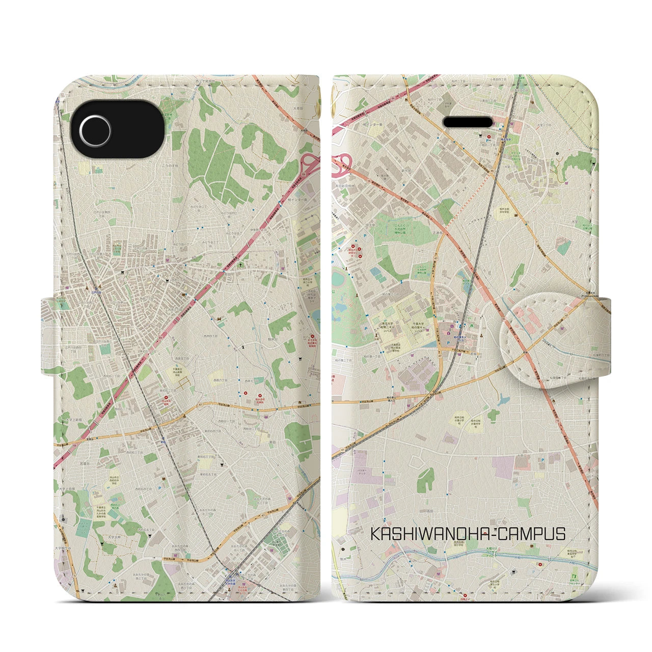 【柏の葉キャンパス(千葉県)】地図柄iPhoneケース(手帳タイプ)ナチュラル・iPhone SE(第3 / 第2世代) / 8 / 7 / 6s / 6 用