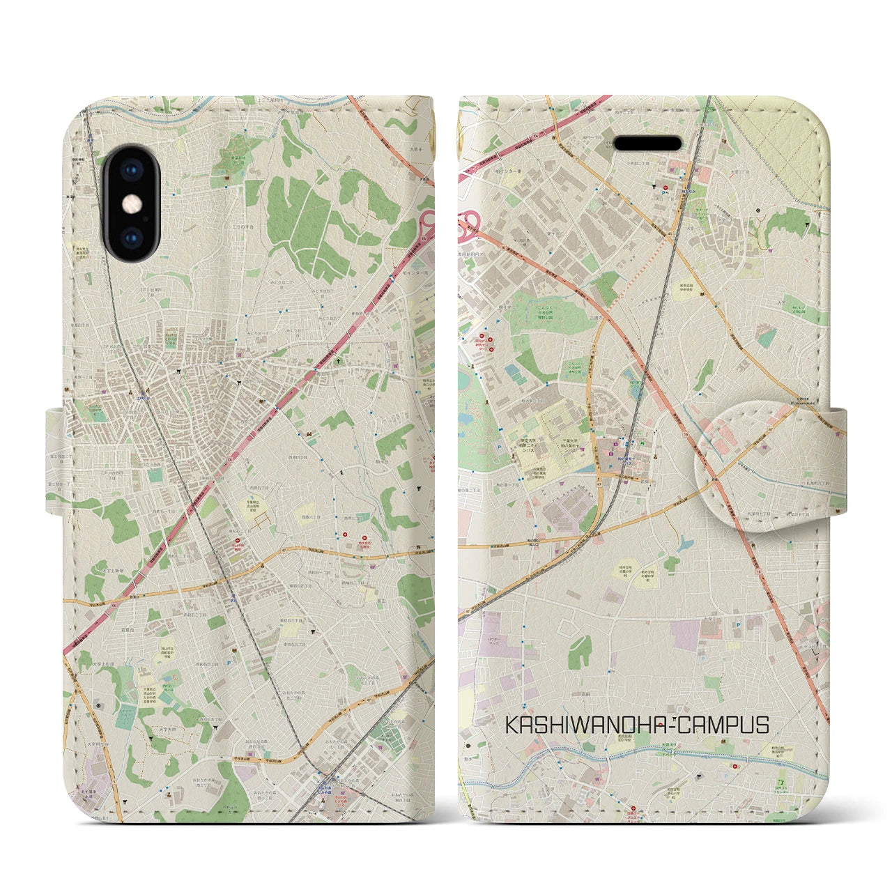 【柏の葉キャンパス(千葉県)】地図柄iPhoneケース(手帳タイプ)ナチュラル・iPhone XS / X 用