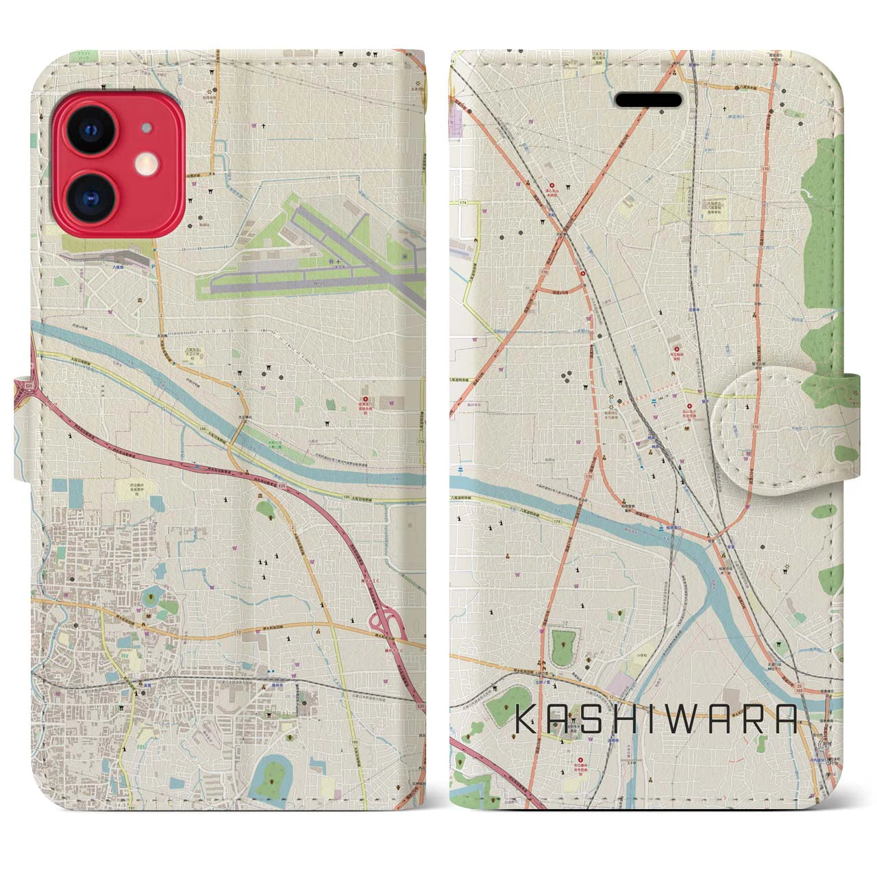【柏原(大阪府)】地図柄iPhoneケース(手帳タイプ)ナチュラル・iPhone 11 用