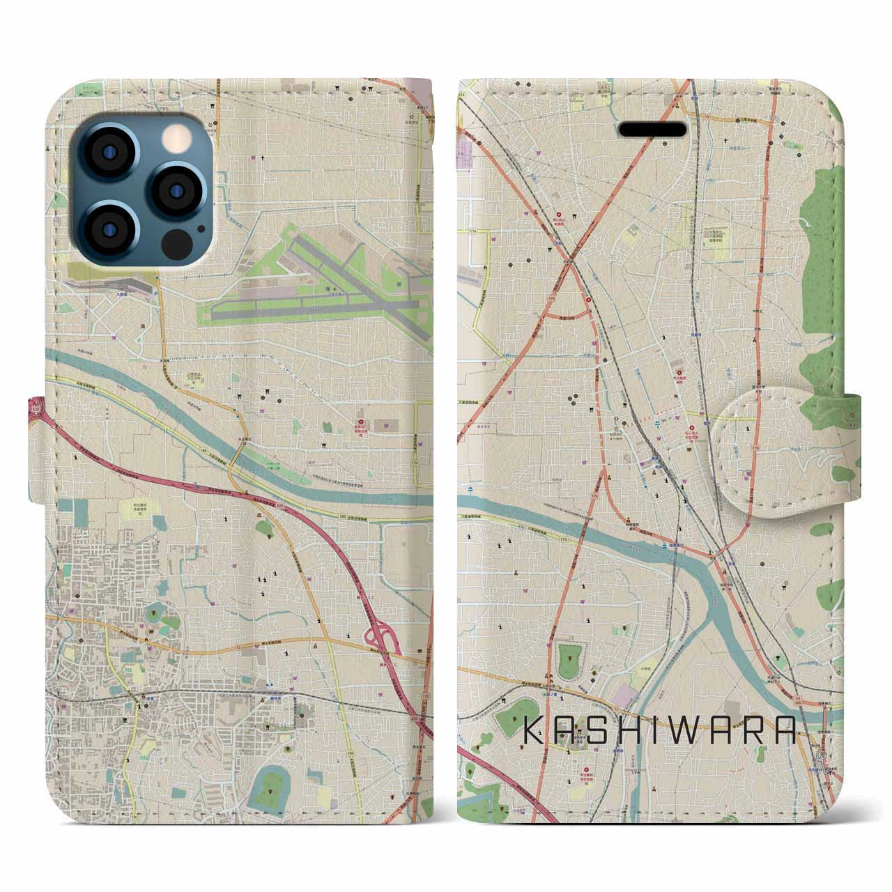 【柏原(大阪府)】地図柄iPhoneケース(手帳タイプ)ナチュラル・iPhone 12 / 12 Pro 用