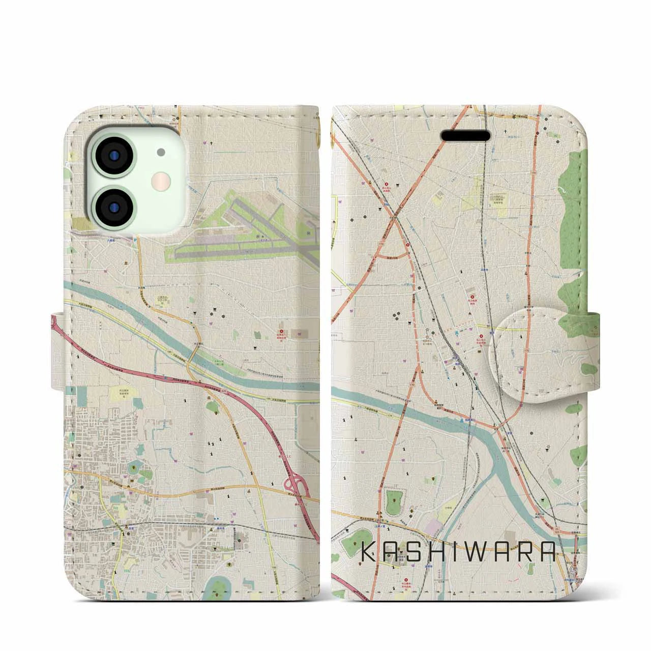 【柏原(大阪府)】地図柄iPhoneケース(手帳タイプ)ナチュラル・iPhone 12 mini 用