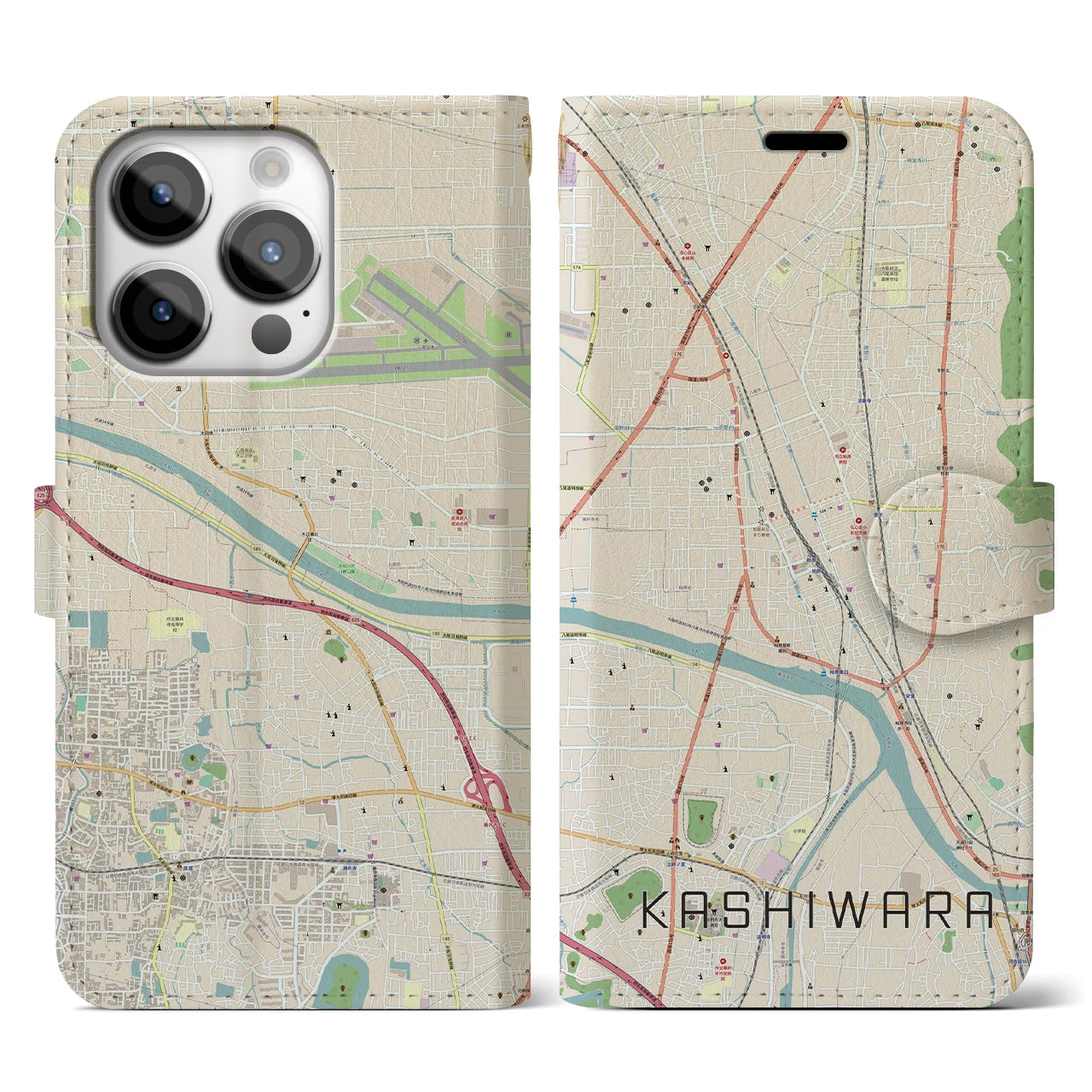 【柏原(大阪府)】地図柄iPhoneケース(手帳タイプ)ナチュラル・iPhone 14 Pro 用