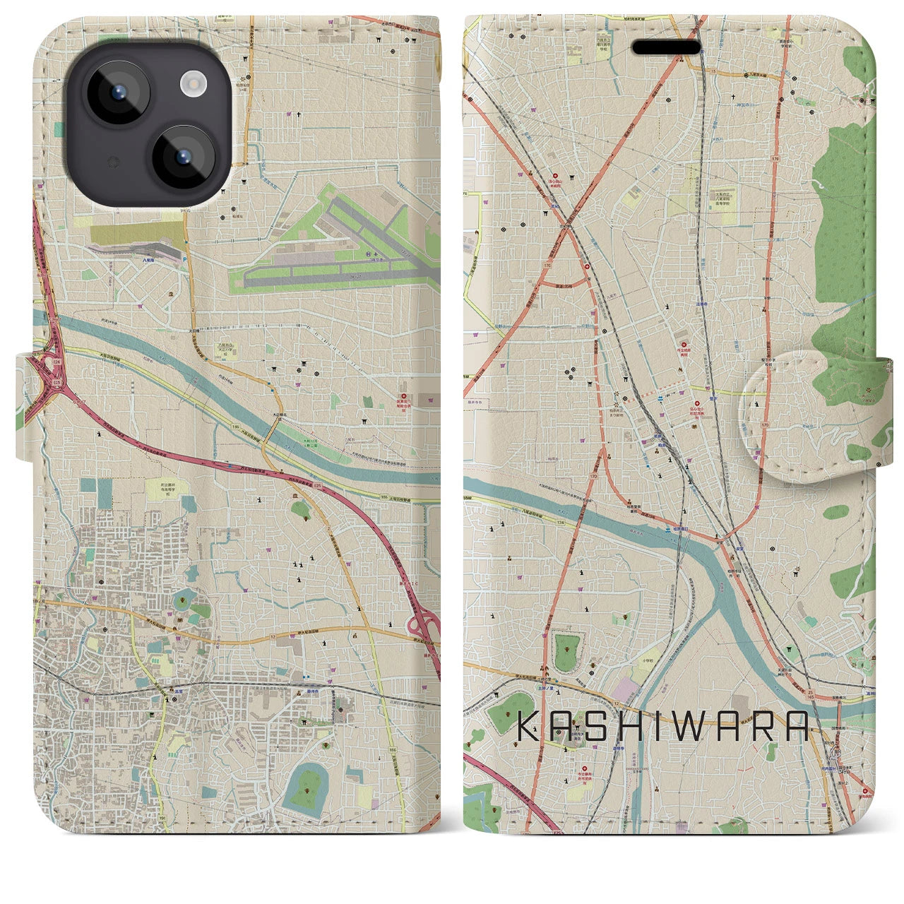 【柏原(大阪府)】地図柄iPhoneケース(手帳タイプ)ナチュラル・iPhone 14 Plus 用