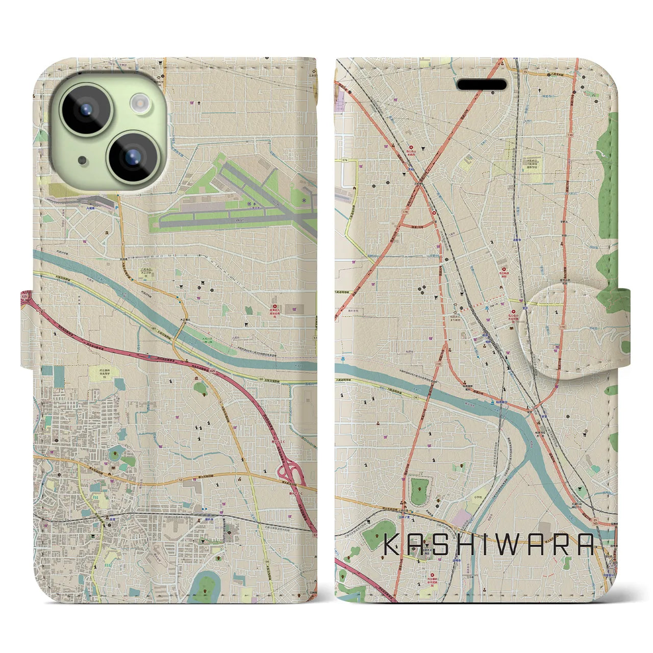 【柏原(大阪府)】地図柄iPhoneケース(手帳タイプ)ナチュラル・iPhone 15 用