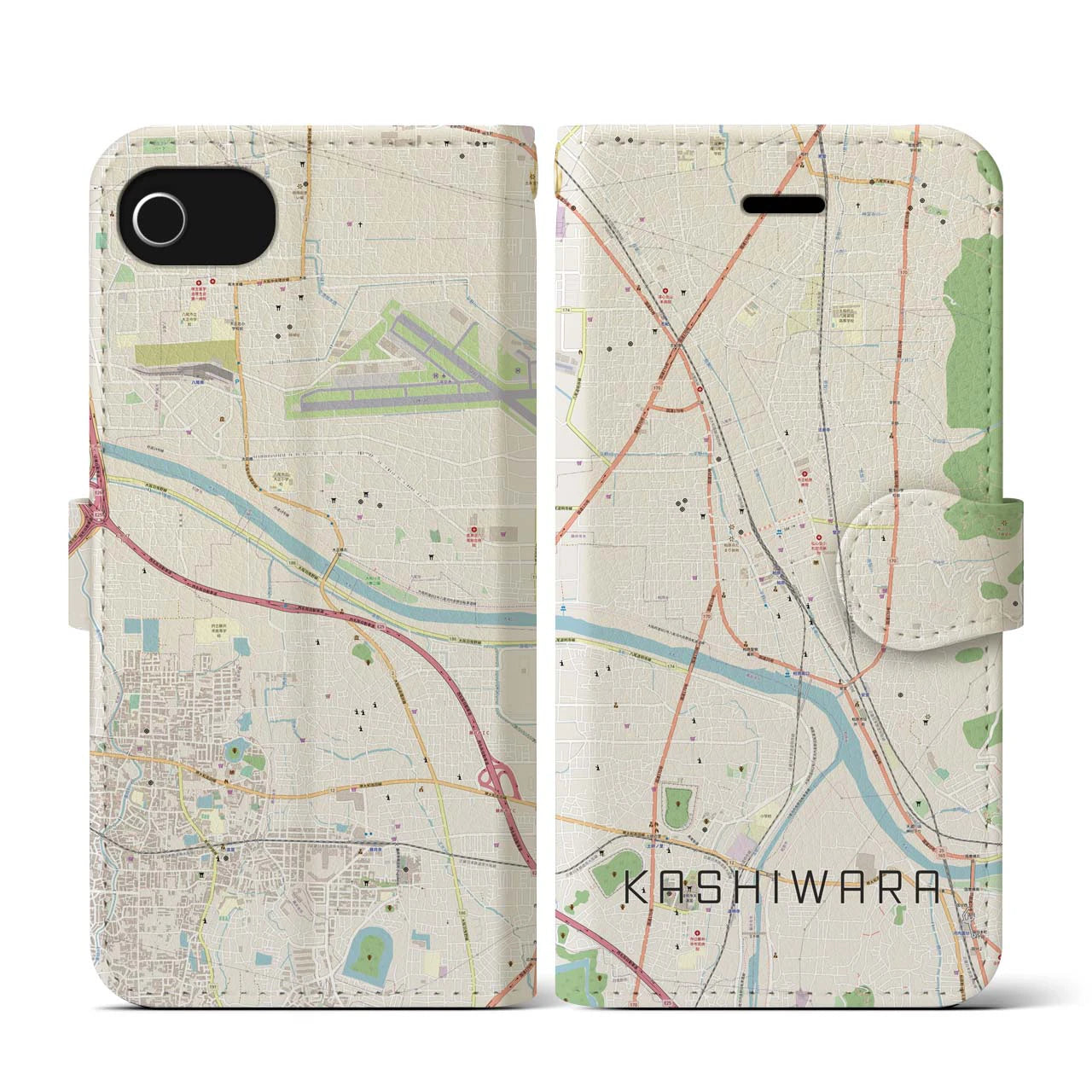 【柏原(大阪府)】地図柄iPhoneケース(手帳タイプ)ナチュラル・iPhone SE(第3 / 第2世代) / 8 / 7 / 6s / 6 用
